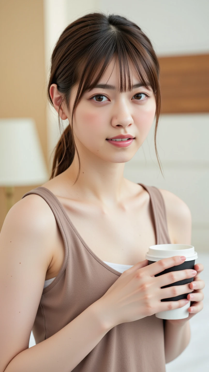 beautiful japanese woman. She is 20 years old. she looks at me with big eyes. She has a good style. she has well shaped breasts. she has a coffee cup in a coffee shop.
