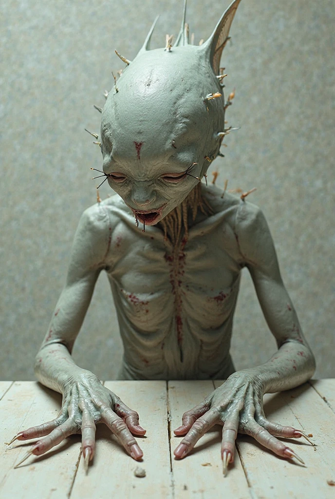 Terrifying Alien Autopsy in grunge dirty style. A dark and dingy room. A group of scientists in white coats huddle around a long metal table. On the table, a large, alien body lies exposed. The body is covered in strange, pulsing veins. Its skin is a sickly green color. Its eyes are large and black, with no pupils. Its mouth is filled with sharp, pointed teeth.