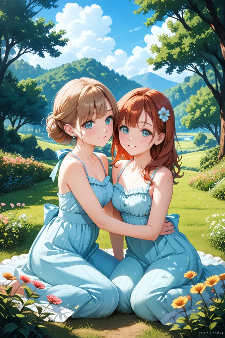 1 young beautiful girl, (20 year old girl:1.3), anime girl, anime CG style, crouching in a flower park, blue sky with white clouds, strong wind, brown hair, gradient hair, 2 bangs, crossed bangs, red bangs, long hair, ponytail, wavy hair, expressive hair, shiny hair, hair flower, hair ornament, butterfly hair ornament, lolita hairband, yellow hairband, pupils sparkling, aqua eyes, crystal earrings, makeup, smile, Natural smile, cutesmile, A captivating smile, (looking at the viewer:1.2), glossy lips, blush, tongue out, bright pupils, seductive smile, happy, beautiful face details, (pretty nose:1.3), green butterfly earrings crystal, large and round breasts, low chest, Elegant dress, turquoise green dress, short sleeves, floral dress with white lace, white bow sandals with flower, yellow panties, (show panties:1.4), (panty shot:1.3), (upskirt:1.3), (squat:1.4), put the heel on the ground, spread her legs a little, squat with her knees up, Attach her butt to the ground, good lighting, Front view, ass pov, close-up, from below, perspective, Wide-Angle, move the center of gravity front, squat deep in the park fields, whole body, perfect body, high detail, dithering, image fill, outside border, f/1.8, 85mm, Nikon, 8K, super detail, uhd, uhd, retina, masterpiece, anatomically correct, textured skin, super detail, high quality, best quality