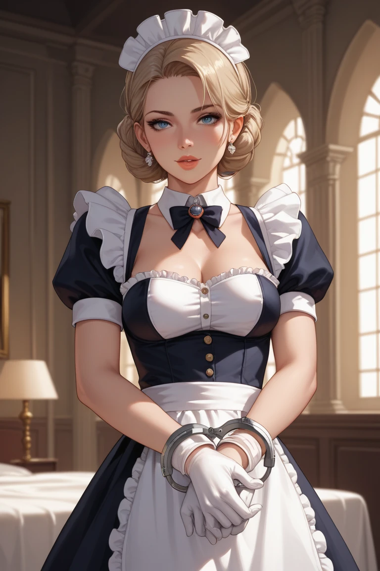 choker, Maid&#39;s Headdress, Black kimono, Wide sleeves, Frills, heart, White apron, Sleeves are longer than the wrist, skirt, red skirt, Brown footwear, Cross-laced shoes、Huge breasts、Upper Body、blush、Cleavage、Huge penis、Staring at my penis、Sweat、Surprised Eyes、