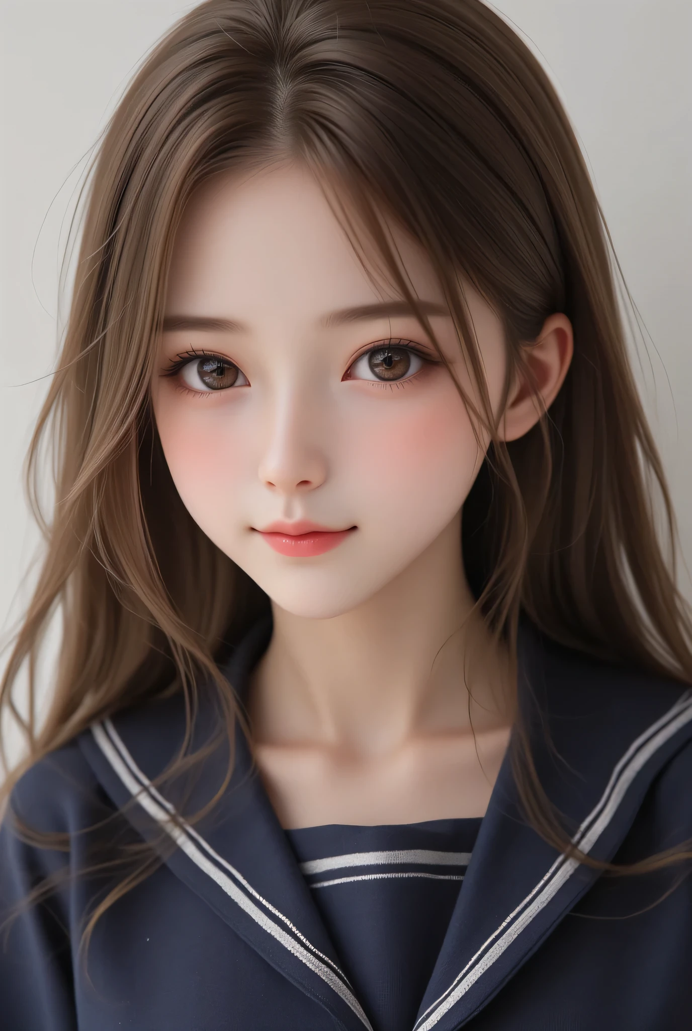 (super cute young face:1.3),
(full body shot:1.5),
(sparkling clear attractive large glowing eyes:1.5), (japanese idol face:1.5),very beautiful cute girl,( face:1.4),
dark blue sailor high school uniforms,
cheerful happy smile,exquisite smooth and silky long brown straight hair,fair skin,(happy cheerful smile),professional photogragh,
happy cheerful smile,body shot,very thin natural makeup