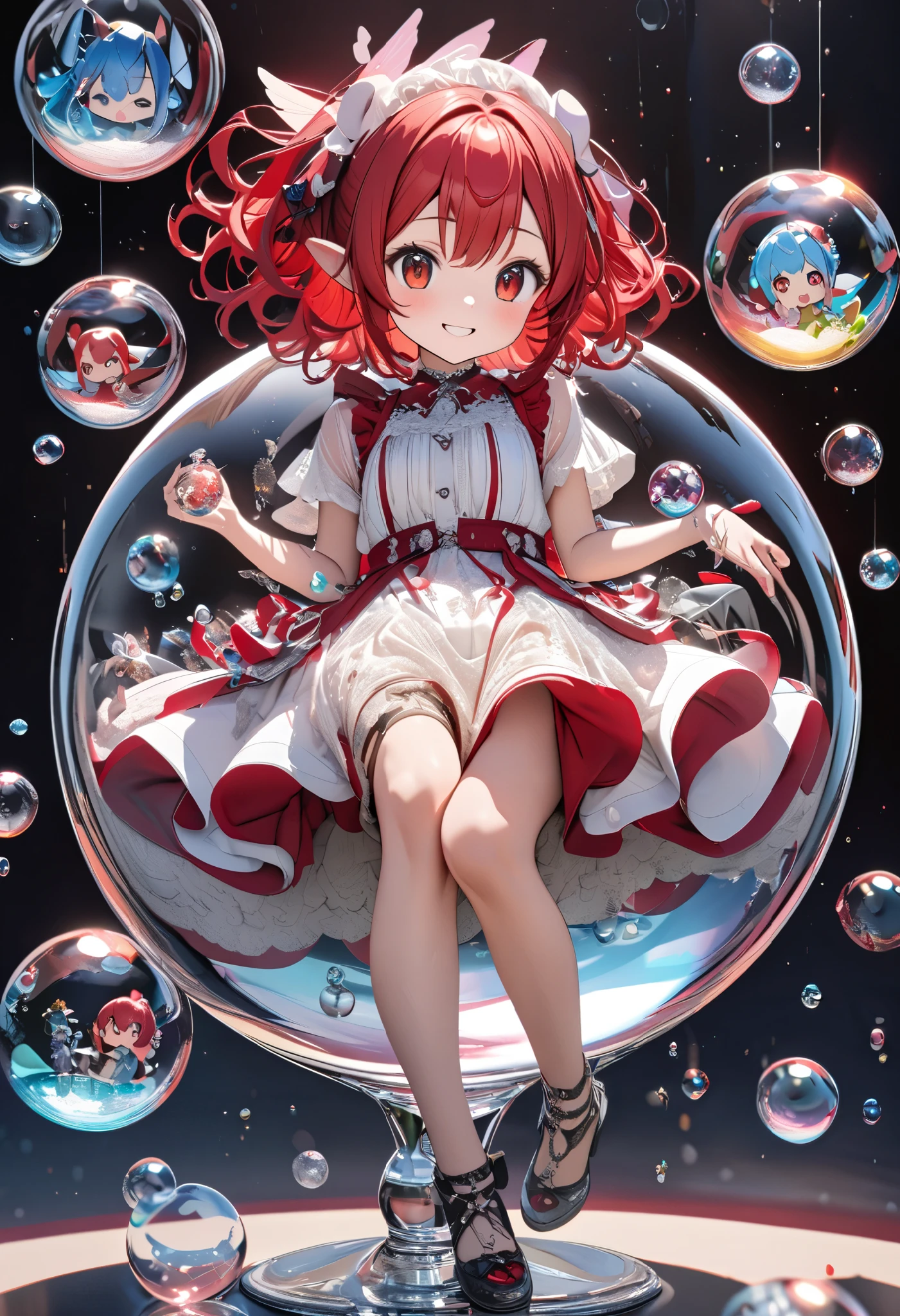 very detailed, 8k, Glass, Water in a Glass, Beautiful Glass ball in a Glass, bubble, , Nice, bright red hair.Cute Knee-length Smiles.Space of Illusions.Other Illusions. Red Eyes.Cute fairy