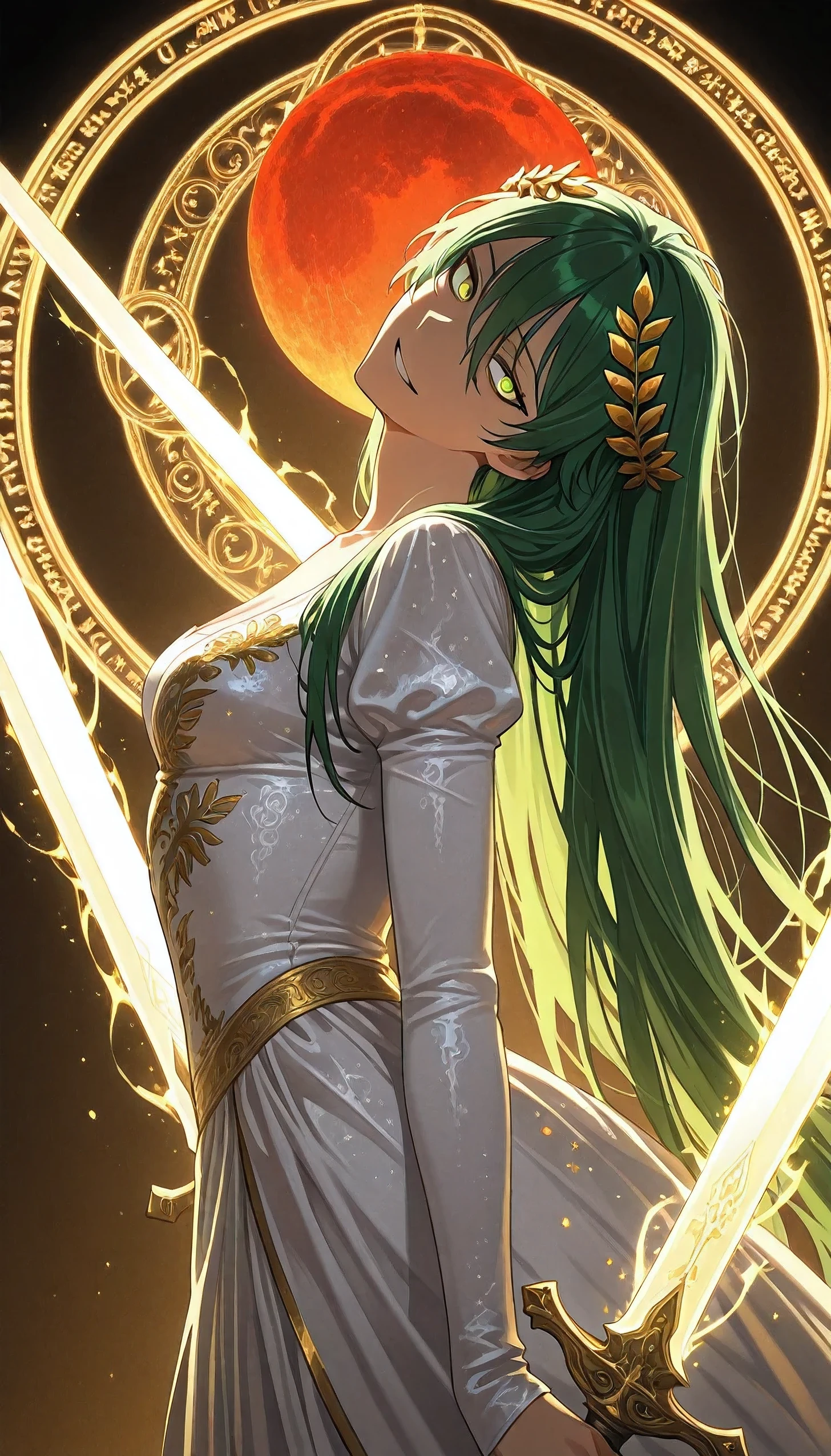 (upper body shot, close up shot, solo:1.2),sword dance, sword circle, detailed background, dvr-mthng-sdxl, magic circle,magic array, detailxl, Anime illustration, detailed anime artstyle, cinematic, volumetric lighting, clear sky, massive magical aura, moonlight, cold light, colorful, light reflection, (head tilt, looking over her shoulder, teasing, death glare, death stare, flirty, romantic, french, royalty, sultry, (standing, dynamic pose:1.1):1.5), (glaring at viewer, side eye side profile, from the side, looking at viewer, head tilted upwards:1.4), (1girl:1.18), mature, chaos warrior, adolescent, detailed skin, extremely detailed eyes, dynamic pose, dual wielding \(cross\), aura swords, armor, green hair, very long hair, messy hair, hair flowing in the wind, green eyes, golden eyes, long hair, crazy smile, yandere, gesugao, tsurime, (white royal dress, royal ornate greek dress, black and gold trimming, black and gold lining:1.33), laurel crown, french dress, blood stained clothes, bloody sun, red sun, warrioress, goddess, god of war, bringer of destruction, small breasts, array of swords, sword array, sword magic, dual wielding, wielding swords, lightblades, magical swords, magic