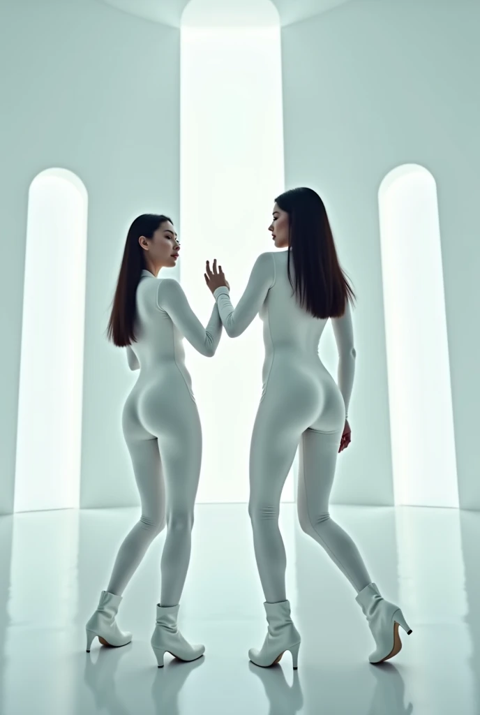 (masterpiece, dreamlike, hyperrealistic, (empty background), 2 androgynous males, chess ballet, black pawn checkmates white king, skintight chesspiece bodysuits, male crotch bulge, buttocks:1.35)