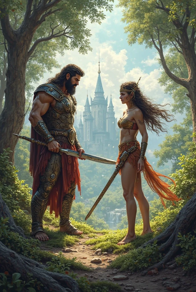 A couple standing in the forest, Man- Henry Cavill as Conan the Barbarian, handsome, tall, long hair, long straight nose, robust, sinewy muscles, shirtless, wearing a leather sarong ((sword in hand:1.2)), woman- Barbara Mori, young, beautiful, large breasts, completely naked, flowers in her hair smiling, sitting in the ground full body, closeup