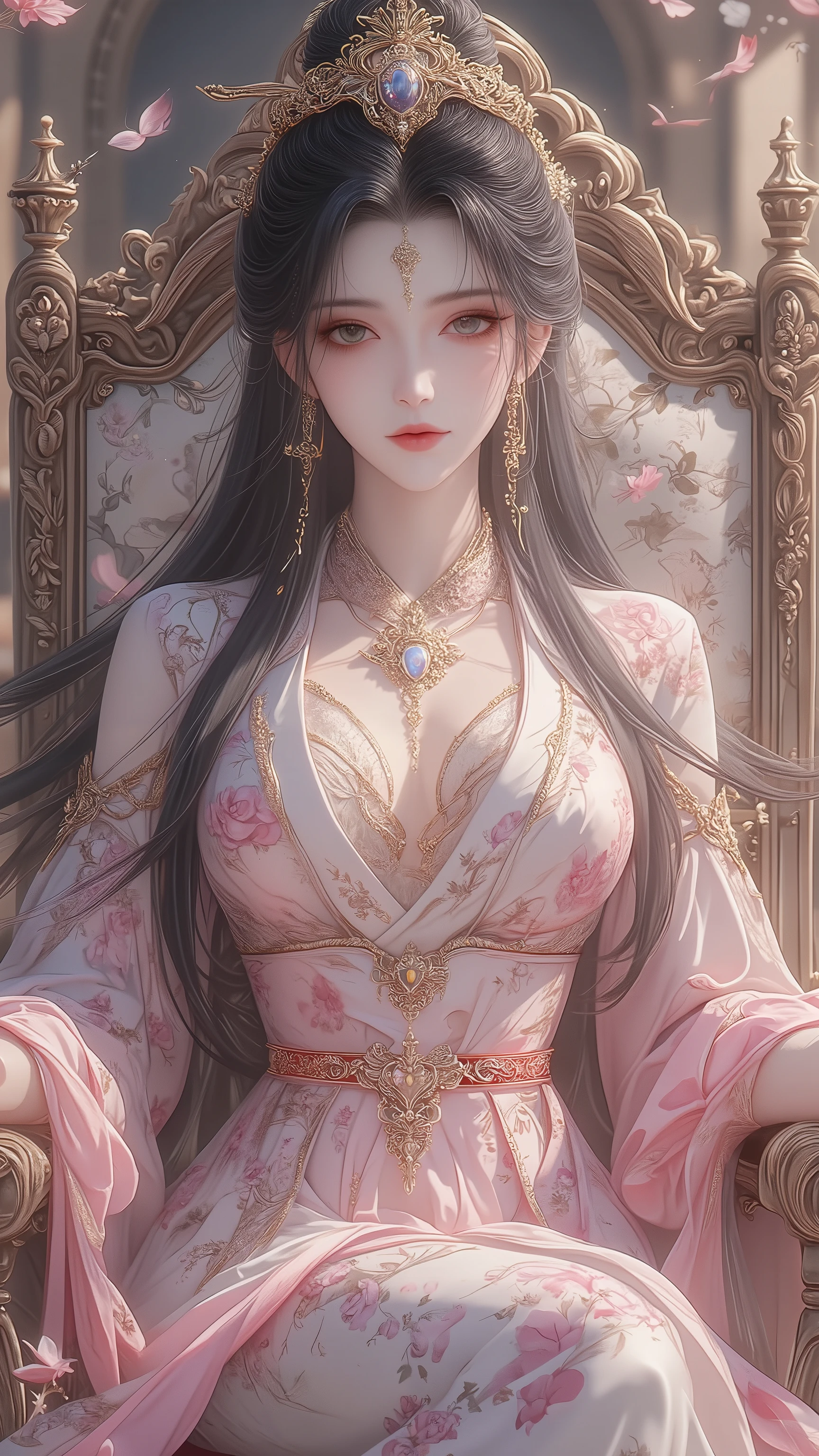 A gypsy with green eyes and black hair, White top with gold medal and red skirt with ruffles, Shell necklace.