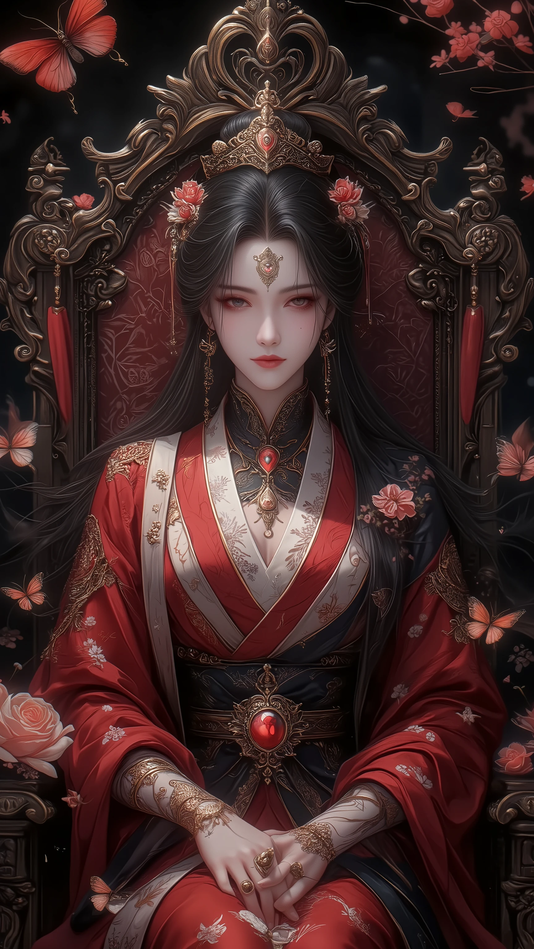 ((Best Quality)),( Ultra High Resolution ),(very well detailed),( detailed description),(( best CG )),(masterpiece), Ultra Detailed Art ,AMAZING PAINTING ART,(Art with Delicate Details:1.5), woman:1.5, beautiful well-groomed face:1.5, soft, Crown , Sash Belt, Throne, Ruri butterfly々flower