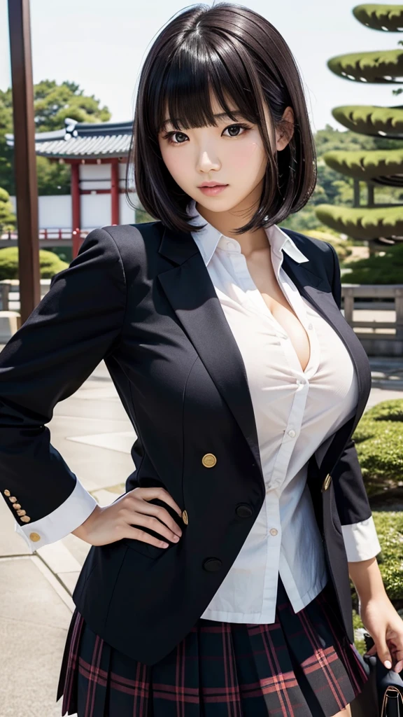 (Best Quality:1.23), (masterpiece:1.12), (realistic:1.24), Japanese woman、bust up、Beautiful breasts、Heavy bangs、 black hair、skirt、blazer