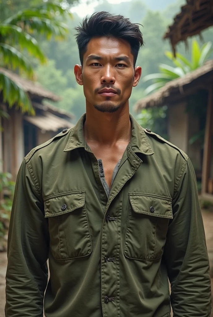 Professional photography, The village chief stands on the dirt road,Put your hands in your pockets,watching,Jacket jacket,belt,There are willow trees next to it,Tsuchiya,ruins,((Glasses)),male focus,dark brown clothes,dark brown backpack,high detail, Close-up half-length photo, panoramic,body positive,Asian man in his forties,Nasal pattern,rough face,worried expression,white short hair,beard,oily skin reaction,Strong hands,armpit hair,Covered in sweat,chest muscles,Very large nipples,Raised nipples,strong muscle,Thick waist,wide waist,brown skin,Thick chest hair,Thick body hair,Thick leg hair,thick thighs,棕色thong,(((thong))),((crotch bulging)),(crotch bulging),Detailed hair details,gaston boucier style,dark sky,wet scene,There are mountain peaks in the distance,banana trees,global illumination, CG-level lighting rendering,low contrast, (best quality),masterpiece,8K wallpaper quality,List of Utria , Normal