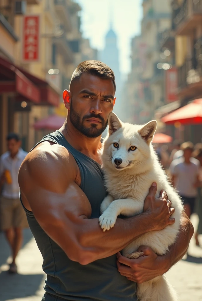 A photorealistic portrait of a insanely handsome young man, no shirts, very strong, short messy hair, chiseled and extremely tattooed sitting on a step next to a big fierce dog, a large door as the background, a colorized photo by Jesse Richards, instagram contest winner, maximalism, masculine, handsome, grotesque, photograph, detailed symmetric realistic face, extremely detailed natural texture, peach fuzz, long hair, masterpiece, absurdres, nikon d850 film stock photograph, kodak portra 400 camera f1.6 lens, extremely detailed, amazing, fine detail, hyper realistic lifelike texture, dramatic lighting, unrealengine, trending on artstation, cinestill 800 tungsten, looking at the viewer, photo realistic, RAW photo, TanvirTamim, high quality, highres, sharp focus, extremely detailed, cinematic lighting, 8k uhd,-imagine-
