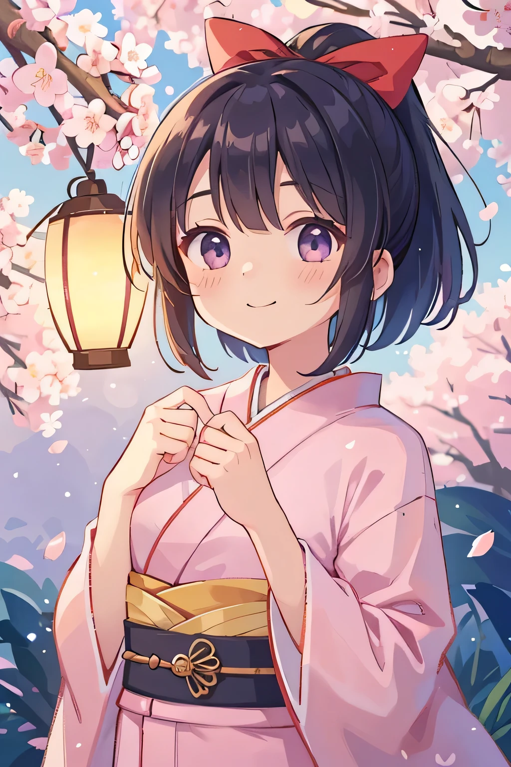 Best Quality、Hi-Res、(high image quality:1.4)、masterpiece、detailed background、very detailed face、detailed eyes、age beauty、Normal number of fingers、anatomically correct、perfect body line、Bright-colored hair、ponytail、 braided bob cut 、Under the cherry blossoms at night、Wrapped in pale light、 Fantastic Scenery 、the soft lantern light shakes、gently stop under cherry blossoms in full bloom、A girl in a pale mauve kimono quietly looks up at the cherry blossoms、the hem swings softly every time the night breeze blows、the ribbon that is tied to the belt flickers nicely、softly looking at the petals that have fallen on her palm and smiles is something fantastic、like a spring spirit、cute