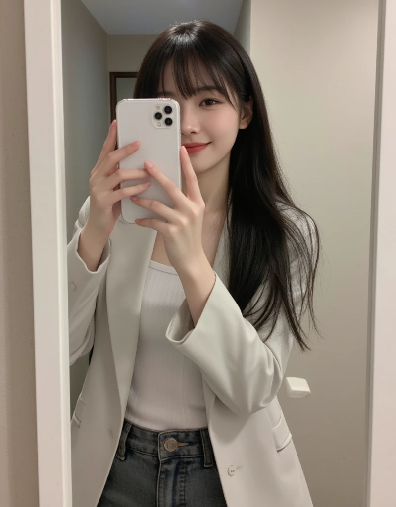 Very cute、(1 cute girl)、(12 years old girl)、(Medium Long Hair)、((slender))、(Baby face)、eyes and skin with exquisite detail、(((Selfie)))、((collarless jacket))、(laugh)、profetional lighting、BREAK、(realisitic、Photorealsitic:1.37)、8K、((masterpiece))、(top-quality:1.4)、(超A high resolution:1.2)、 (Raw photography:1.2)、hyper detailed background、(Wallpapers by Unity 8K)、in room