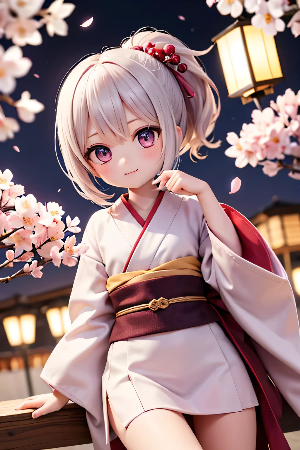 Best Quality、Hi-Res、(high image quality:1.4)、masterpiece、detailed background、very detailed face、detailed eyes、age beauty、Normal number of fingers、anatomically correct、perfect body line、Bright-colored hair、ponytail、 braided bob cut 、Under the cherry blossoms at night、Wrapped in pale light、 Fantastic Scenery 、the soft lantern light shakes、gently stop under cherry blossoms in full bloom、A girl in a pale mauve kimono quietly looks up at the cherry blossoms、the hem swings softly every time the night breeze blows、the ribbon that is tied to the belt flickers nicely、softly looking at the petals that have fallen on her palm and smiles is something fantastic、like a spring spirit、cute