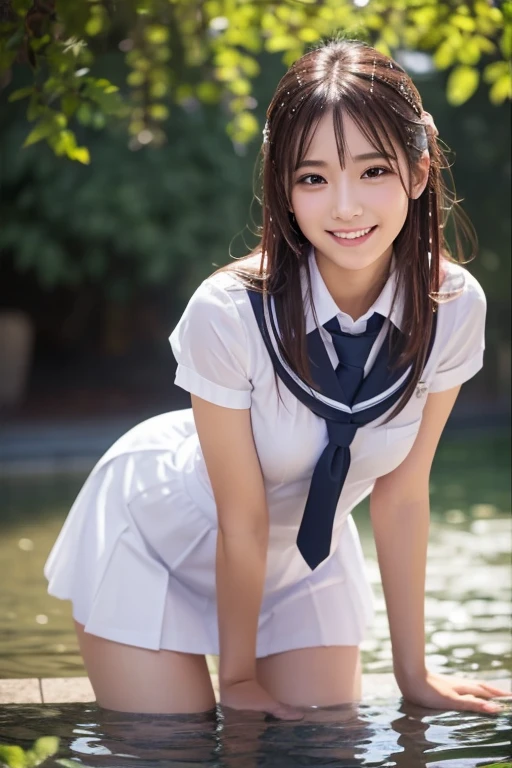 (masterpiece:1.3), (8K、photorealistic, Raw photo, best quality:1.2), (solo), (1 girl), (so beautiful:1.3), (very beautiful 14 year old japanese girl), Symmetrical perfect face, (wonderful smile), cheeks are red, (high detail skin: 1.2), Photorealistic anime girl rendering, Realistic anime 3d style, (beautiful brown hair), intense black eyes, strong eye highlights, (Accurate and natural normal size breasts), perfect anatomy, hair is messy, (sailor suit), ((white short-sleeved shirt with a navy collar, girls high school uniform,  Plain pleated skirt in dark blue, navy blue bow tie)), (Luxury silk bra and panties), accurate arm, five fingers, accurate legs, morning, (Beautiful Landscape Background), (Bamboo grove), walking, squat, volume lighting, soft light, bright, neon, Bright colors