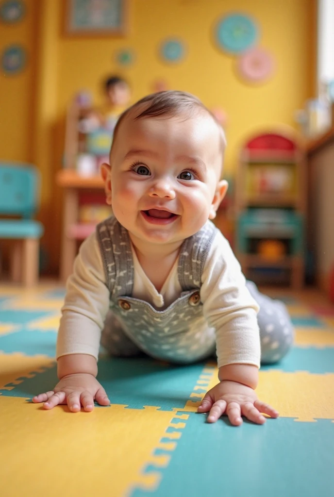 A photo of the back of a baby girl crawling on a carpeted living room floor surrounded by her baby toys, capturing the innocence and curiosity of childhood, with soft natural lighting, shallow depth of field to emphasize the baby,