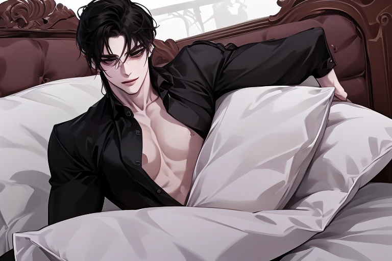 ((Masterpiece, Highest quality)), Detailed face, dramatic lighting, dark colors and atmosphere, full body, Full of details, frontal body view, back body view, Highly detailed, Depth, Many parts, Muscle boy with short black hair,handsome man, mercenary, man tall, pectoral muscles, abs, seductively laying down, beckoning