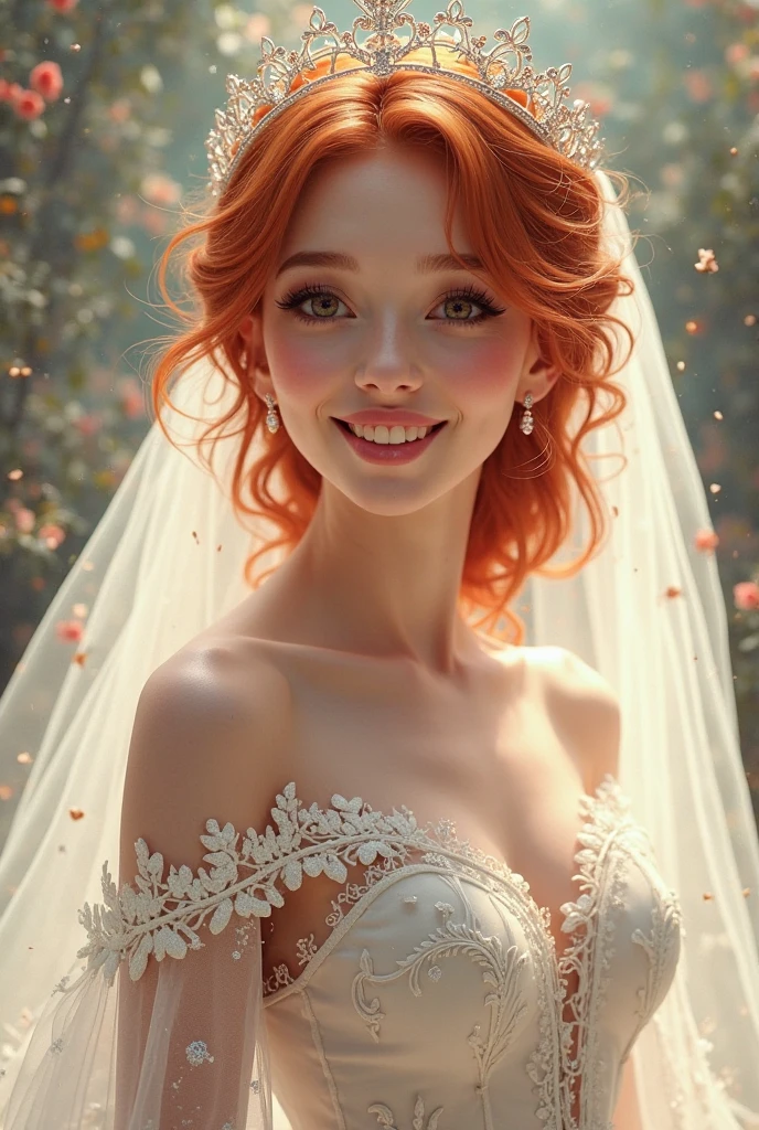 A white woman, short hair, dressed as a bride with red hair, a crown on her head, a veil in her hair, smiling