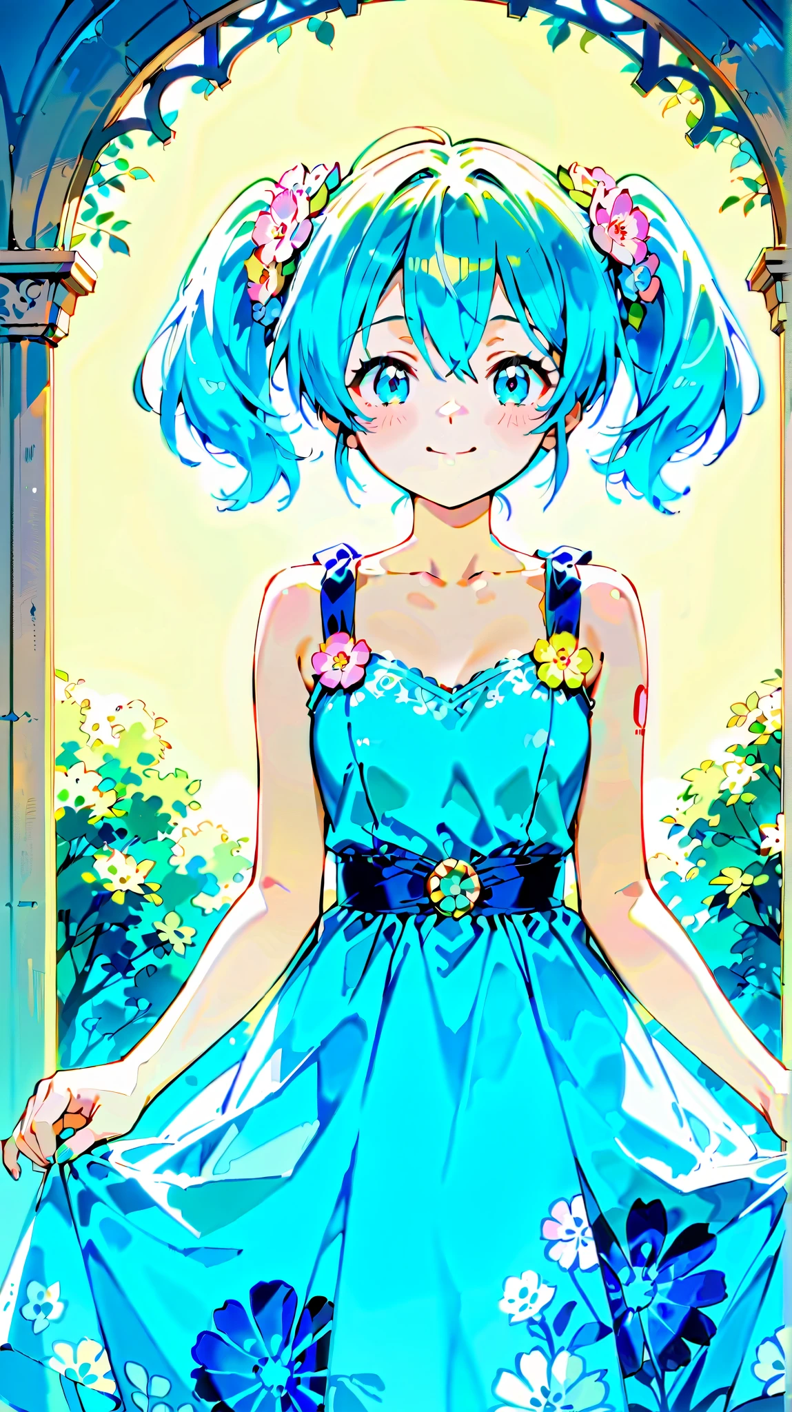 Hatsune Miku,Floral Background,Hi-Res, long hair, looks at one woman, blushes, smiles, open your mouth, blue eyes, Blue Hair/light blue hair tied at the top, Best Quality,