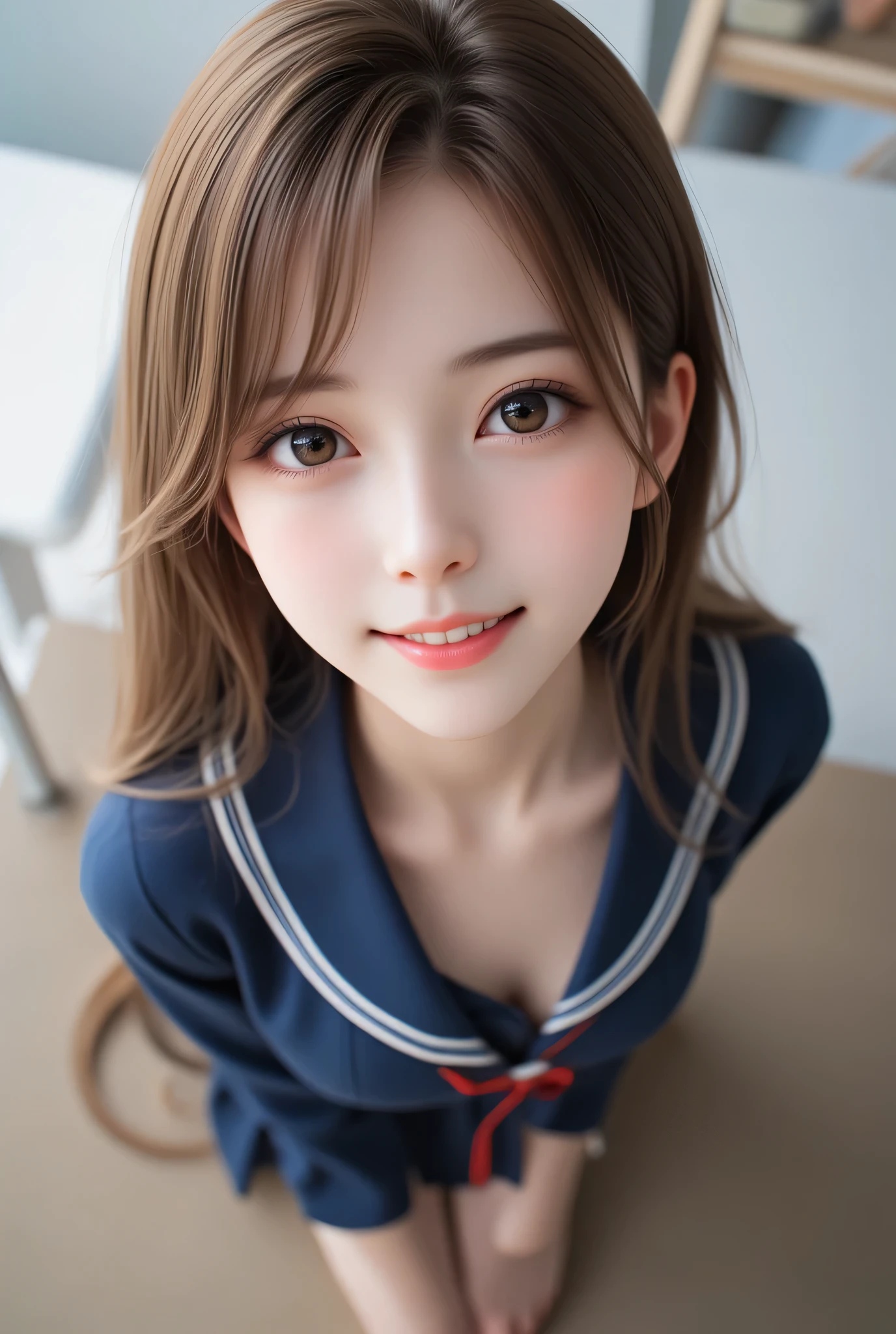 (super cute young face:1.3),
(full body shot:1.5),
(sparkling clear attractive large glowing eyes:1.5), (japanese idol face:1.5),very beautiful cute girl,(baby face:1.4),see-through bangs,
dark blue sailor high school uniforms,dark blue pleated skirt,
cheerful happy smile,exquisite smooth and silky long brown straight hair,fair skin,(happy cheerful smile),professional photogragh,
happy cheerful smile,body shot,very thin natural makeup