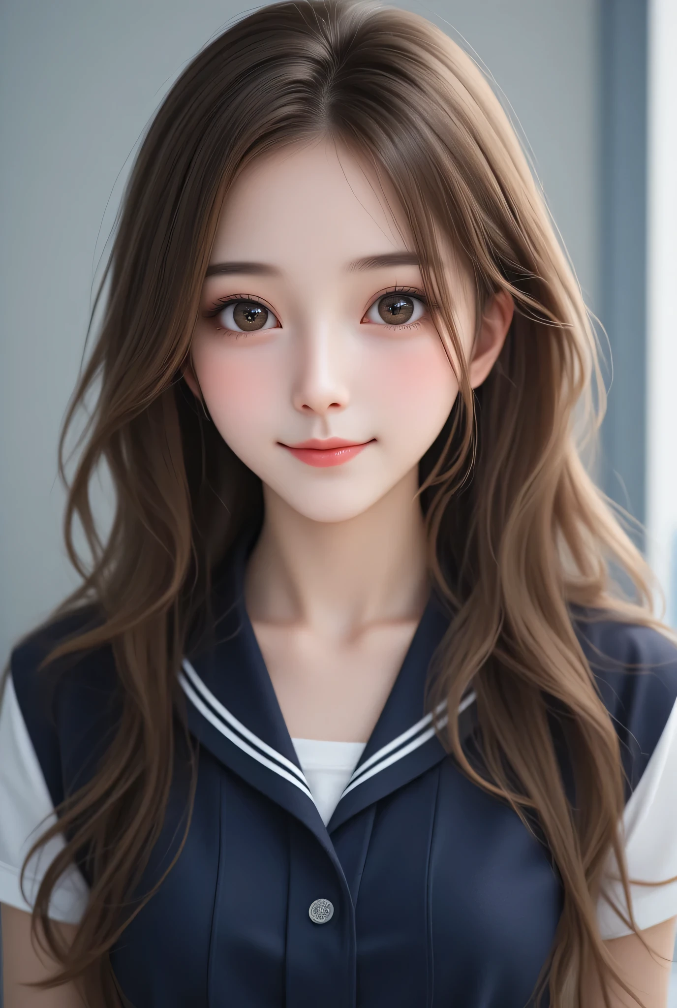 (super cute young face),
(full body shot:1.5),
(sparkling clear attractive large glowing eyes), (japanese idol face),very beautiful cute girl,(),see-through bangs,
dark blue sailor high school uniforms,(dark blue pleated skirt:1.2),
cheerful happy smile,exquisite smooth and silky long brown straight hair,fair skin,(happy cheerful smile),professional photogragh,
happy cheerful smile,body shot,very thin natural makeup