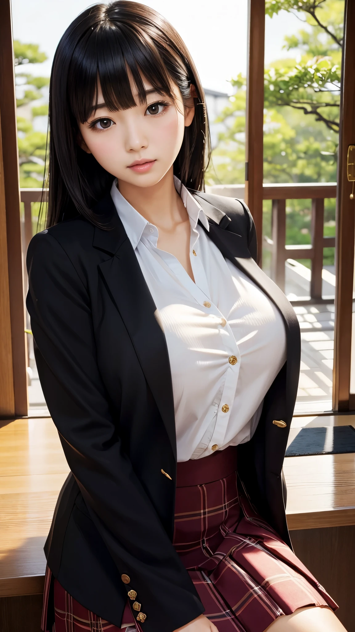 ((high quality)), ((Pole Top)), (Detailed face), (highlight), Asian Girl、Big breasts、thigh、Black Hair、Heavy bangs、high school girl、skirt、blazer、