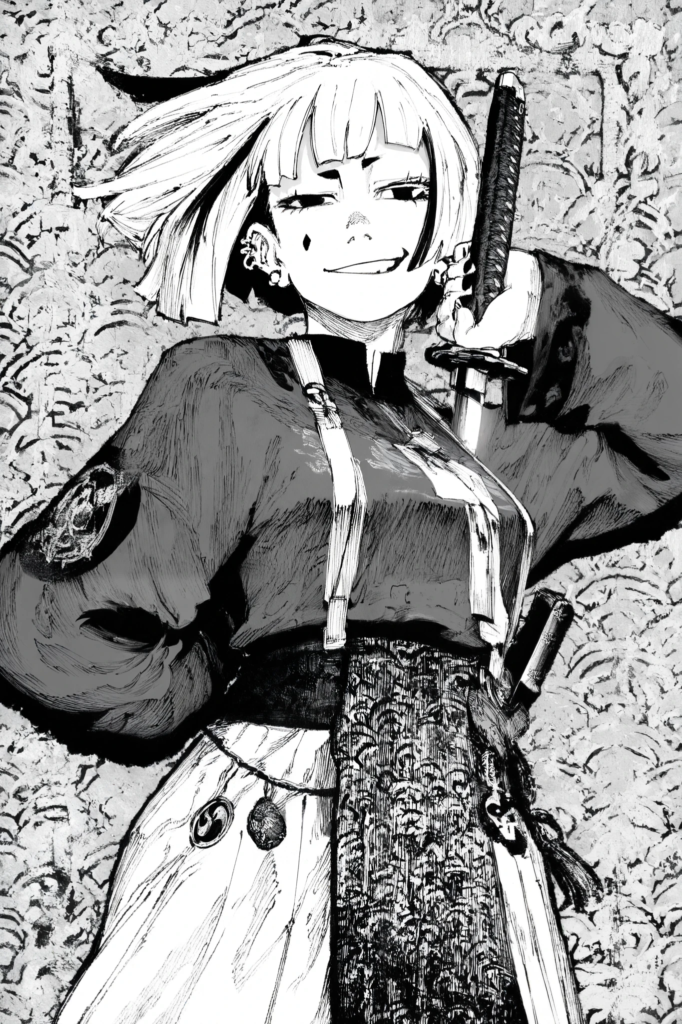 HDR, 8K, high contrast, masterpiece, best quality, amazing quality, very aesthetic, anime artstyle, realistic, hentai art, newest, (artist:incase:0.5), (artist:tsuaii:0.5) ,
BREAK
bounce light, hyperdetailed, detailed hair strands, detailed fibers, monochrome, greyscale, line art, manga, kentaro miura
masterpiece, semi-realism, hyper detailed hatching, engraving artstyle, hatching /texture/, contour lines, monchrome, greyscale, masterpiece.hyperdetailed, absurdres,
1girl, black eyes, defined eyelashes, small eyebrows, ear piercings, bob cut, hair swiped back from one side, facing viewer, unsheathing sword, smirk, one eyebrow raised, chains, ornaments, tattoos
