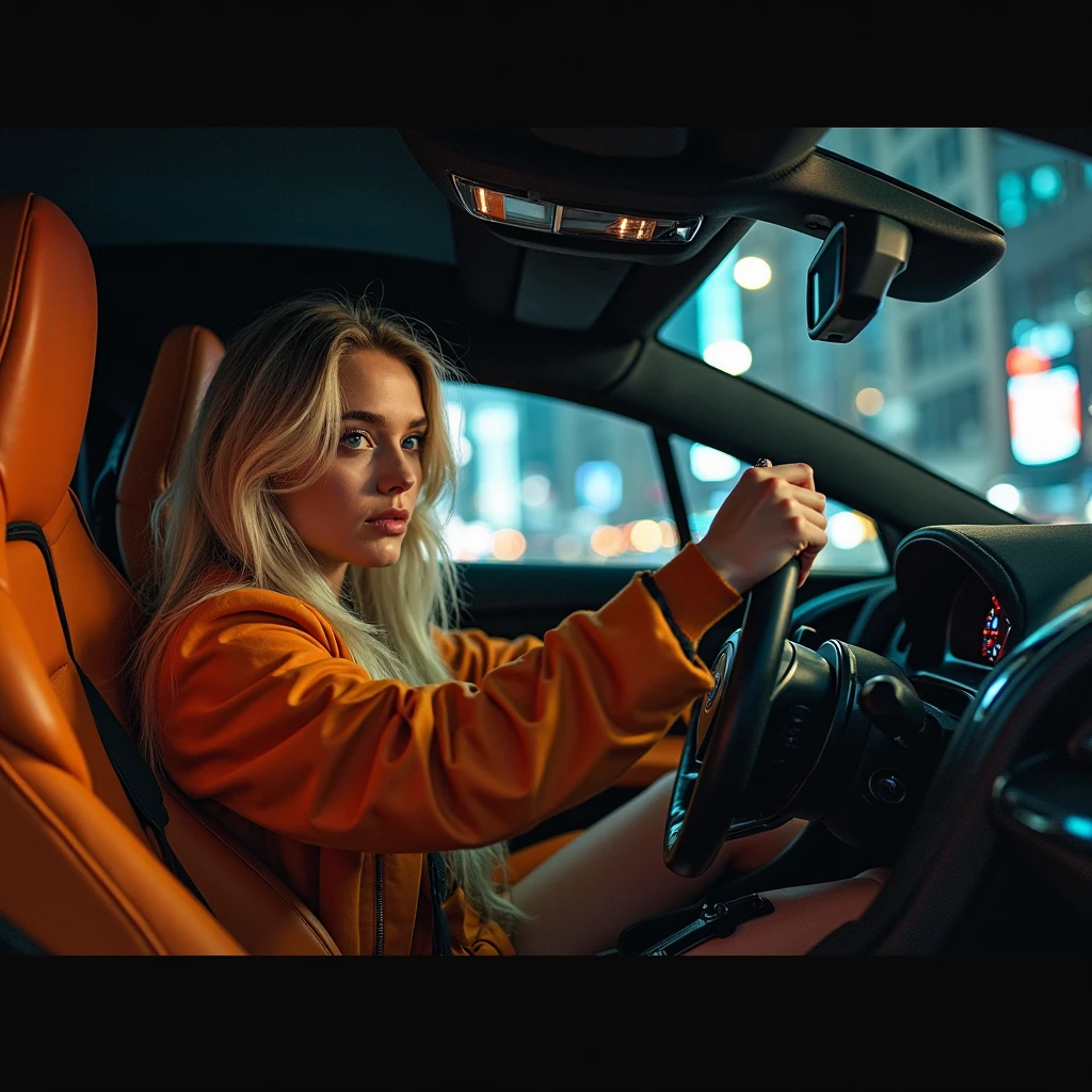photorealism:1.2), beautiful girl blond with Nordic features, upturned nose, blue eyes, red lipstick, big big boobs, black t-shirt with long neckline, open mouth, eyes looking upwards, leopard skin leggings trasparent, road kneeling in front of the car's headlights at night, husband and other man look she, wiev top 