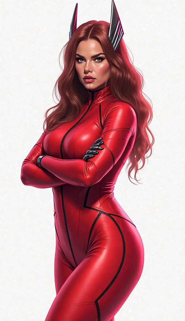 red bodysuit, red hair, black woman, full body shot, female,deep vneck, cleavage, navel, unzipped, green eyes, cameltoe
