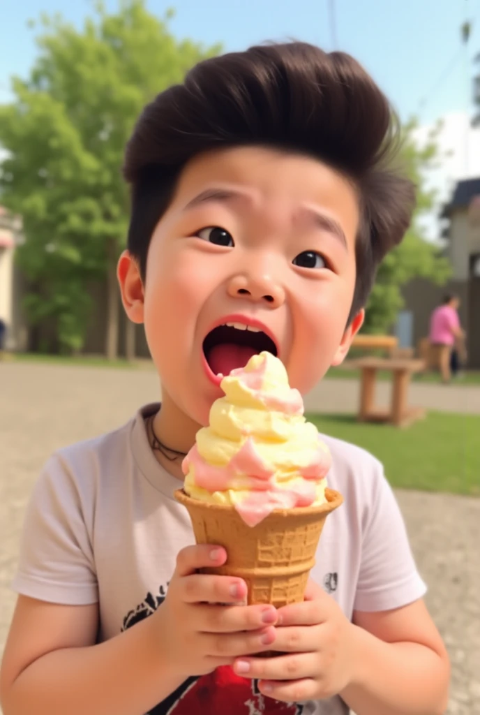 A boy in the amusement park eating ice cream