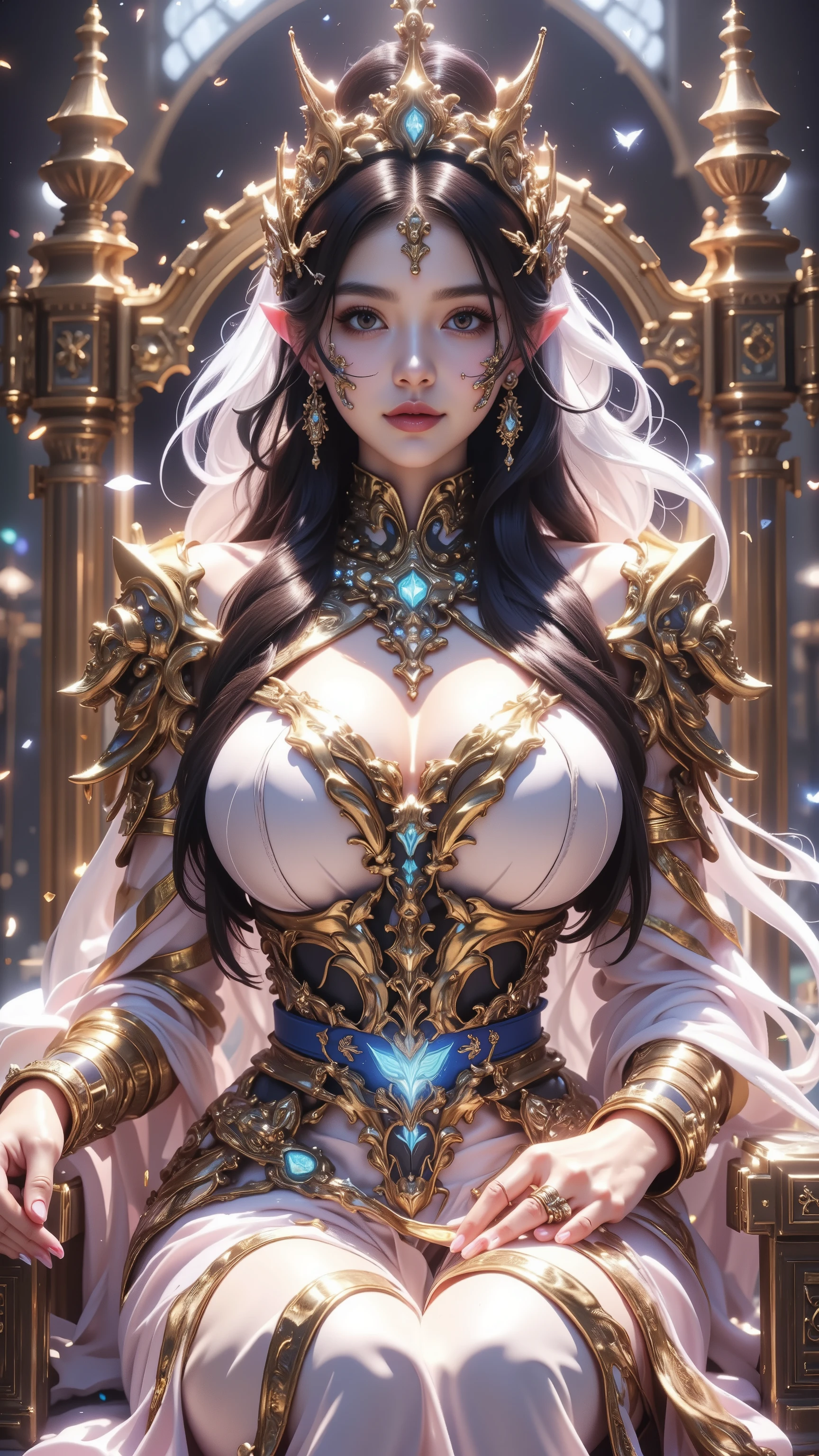 ((Best Quality)),( Ultra High Resolution ),(very well detailed),( detailed description),(( best CG )),(masterpiece), Ultra Detailed Art ,AMAZING PAINTING ART,(Art with Delicate Details:1.5), woman:1.5, beautiful well-groomed face:1.5, soft, Crown , Splendid Embroidered Sash Belt, Throne, Ruri butterfly々flower