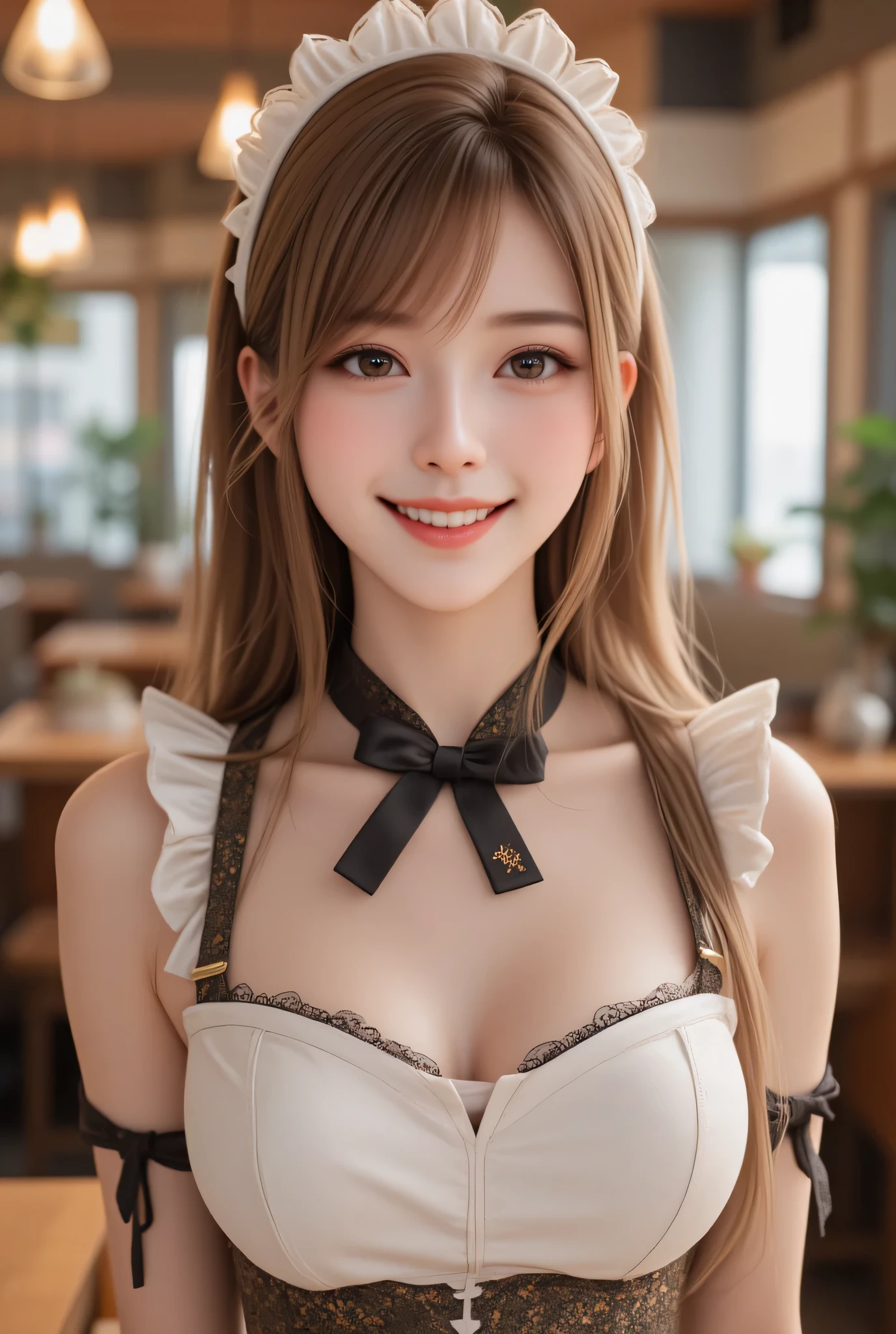 (super cute young face:1.1),
(full body shot:1.5),
(sparkling clear attractive large glowing eyes:1.1), (japanese idol face),very beautiful cute girl,(),see-through bangs,
( maid costume :1.5),cafe restaurant,
cheerful happy smile,exquisite smooth and silky long brown straight hair,fair skin,(happy cheerful smile),professional photogragh,
happy cheerful smile,body shot,very thin natural makeup