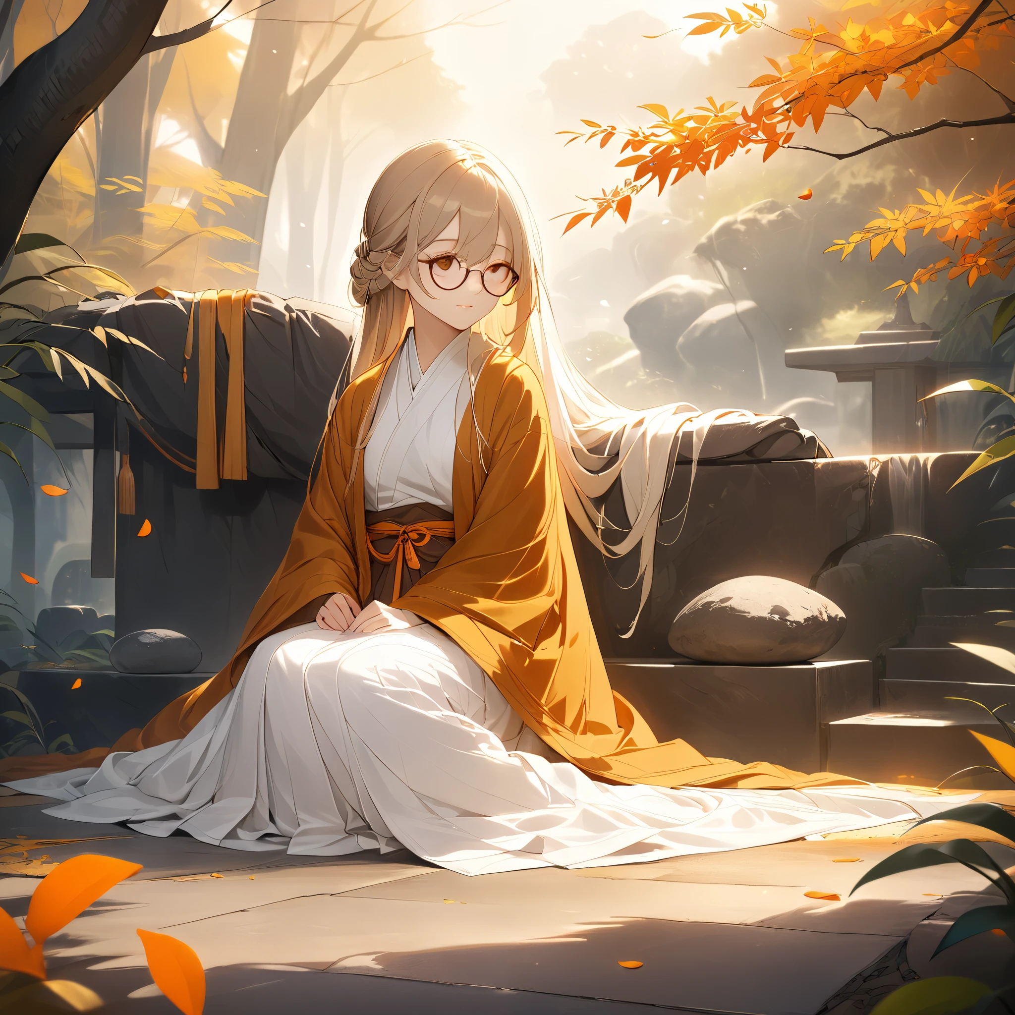 A young girl wearing a traditional Thai Buddhist monk's robe in white, with more prominent deep saffron or ochre stripes. The robe is wrapped authentically in the Thai Theravāda style. She has long, flowing hair that contrasts with her monk-like attire. She wears round glasses that add a thoughtful, intellectual touch. Her expression is serene yet melancholic, her deep, soulful eyes reflecting quiet loneliness and introspection.

She is lying down in a calm, relaxed pose, resting on her side or back, as if lost in deep contemplation. Her robe drapes naturally around her, flowing gently with her posture. The setting is peaceful, with falling leaves or petals drifting aimlessly in the still air, mirroring her unspoken thoughts. The atmosphere captures the essence of an INFJ's inner world—thoughtful, empathetic, and quietly distant, as if understanding unseen truths that separate her from others