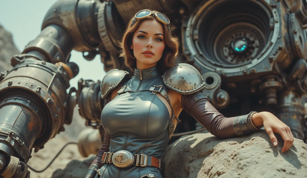 Postapocalyptic style, voluptuous sexy woman with a light resonator in her hand on a hill