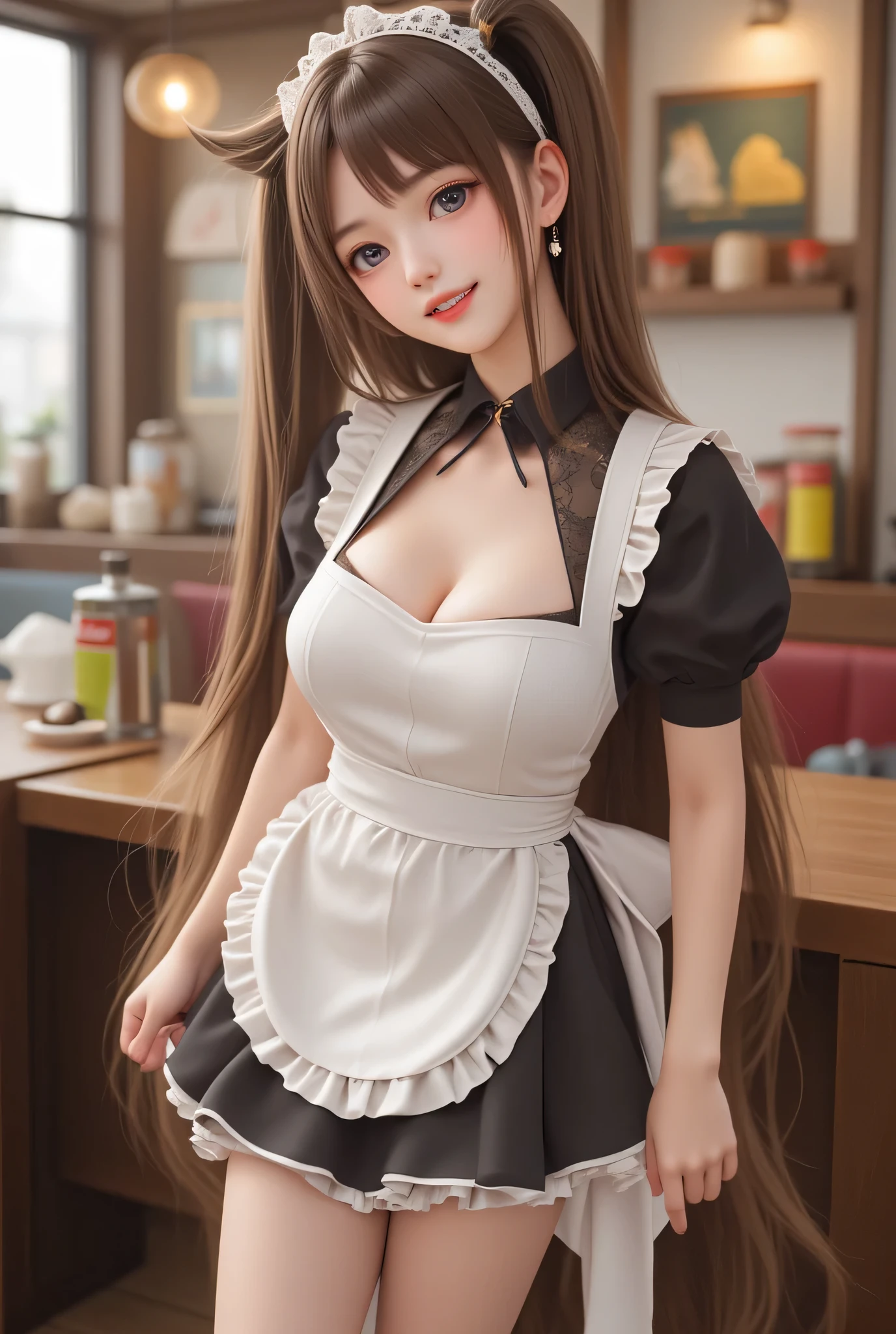 (super cute young face:1.1),
(full body shot:1.5),
(sparkling clear attractive large glowing eyes:1.1), (japanese idol face),very beautiful cute girl,(),see-through bangs,
( sexy maid costume :1.5),(beautiful costume skirt),cafe restaurant,
cheerful happy smile,exquisite smooth and silky long brown straight hair,fair skin,(happy cheerful smile),professional photogragh,
happy cheerful smile,body shot,very thin natural makeup