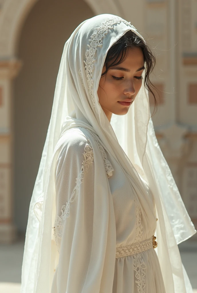A woman with black brown and sharp hair, white-skinned, Wear Women's White Costume Islamic Kaftan ;Veiled , Amazigh jewellery in Andalusia's palaces looks forward,medium:oil painting,detailed clothes,Detailed structure,Detailed patterns on clothes,Flowing sheer dress,Best Quality,Hi-Res,ultra-detailed image,soft lighting,tranquil atmosphere,Beautiful colors.