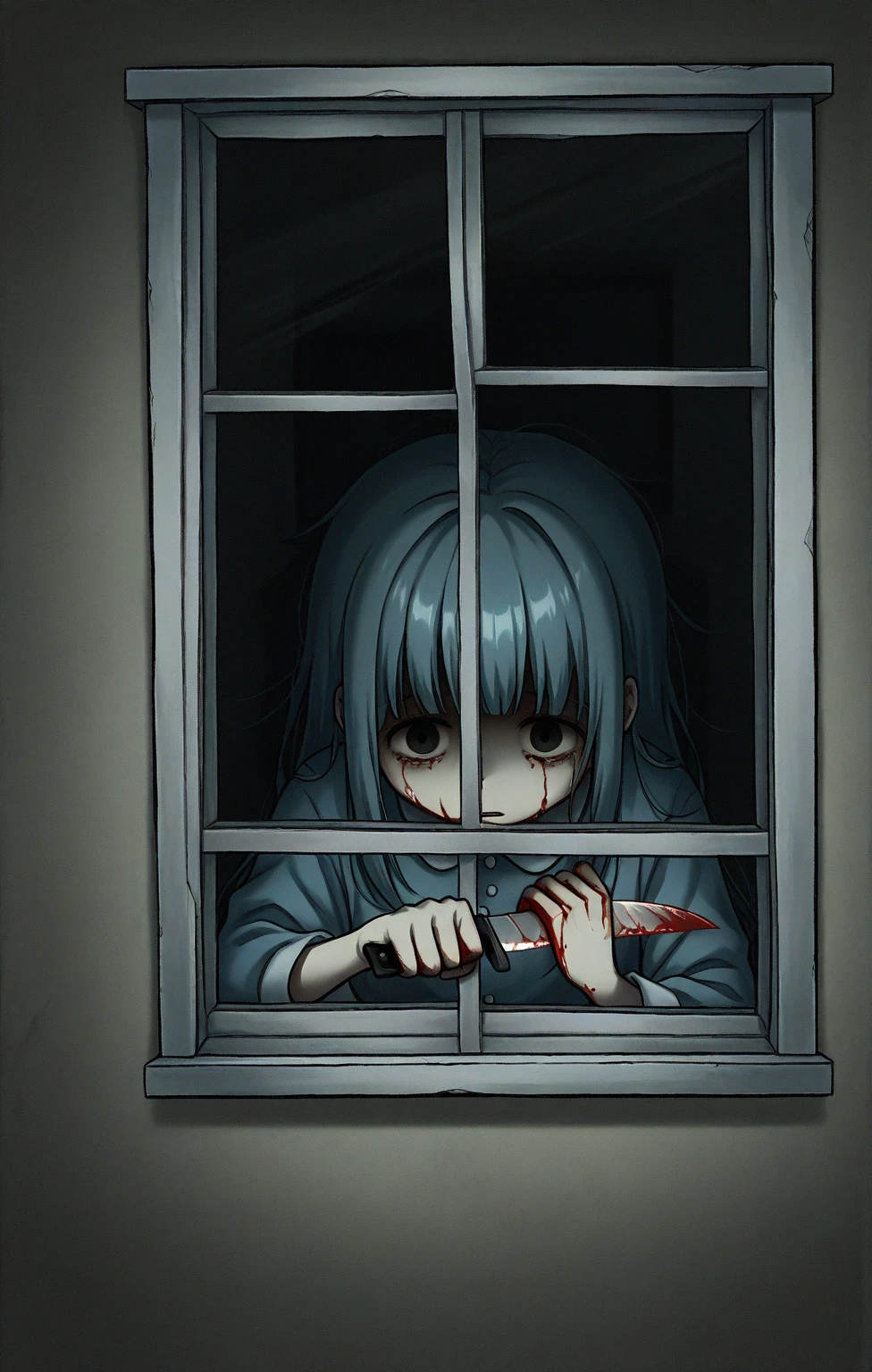 masterpiece, best quality, looking at viewer, facing viewer, bare legs, 1girl, solo, upper body, bow,  disgusted face, night time, dark city street ,  overly long sleeves, hands in sleeves, blood tears, blood marks, dark corner, blood splattered on the ground, red bright light, blue glowing eyes, holding knife, creepy smile, crazy eyes, laughing, holding knife, heart shaped eyes,1girl, solo, insane, crazy, closer view, looking at viewer, blood, knife,pupils, ((blue and black colors)), ((blue and black palette)), (((noir))), (((noir style)), sitting, crazy laughing, glowing blue eyes, insane face, corner of wall background, holding knife, blood on knife, wearing school uniform, reaching out, yandere, stab wounds, raining,