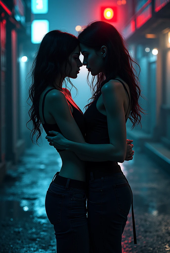 Under the moonlight, the floor is asphalt. Two women are touching each other. , thin legs, small chest, small buttocks, slender body.