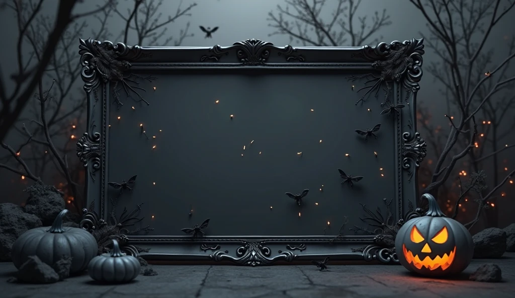 I want a frame to be in the middle,owl and wizard hat pattern.Also, on the left side, there should be a Halloween pumpkin with a wizard hat and on the right side, there should be a Halloween themed owl, but these should not extend into the frame, and the frame should be thick and there should be owls, bats, ghosts and other Halloween related things in the background..make the frame 4 times thicker and add a skull in the middle of the top edge of the frame make the frame very thick and make it square and also have a scarier filter.Make the middle space much thicker, make it square, make the edges of the frames 8 times thicker.ghost in the background, add owl and Halloween pumpkin