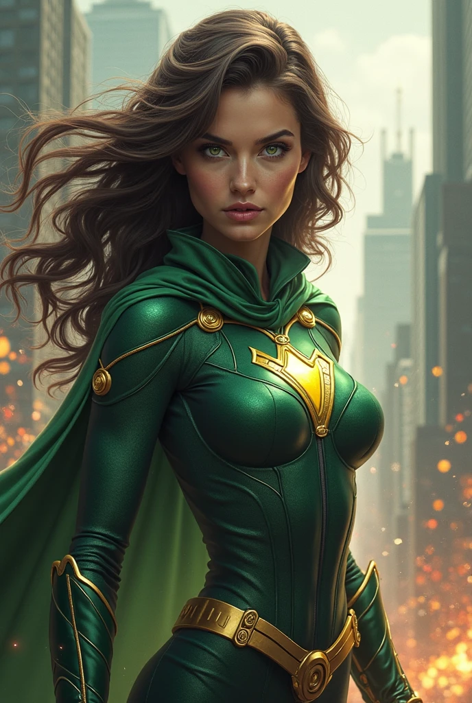 Superhero brunette woman with green eyes