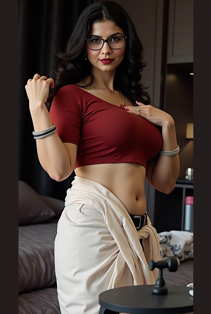 close up photo of sexy indian secretary , wearing glasses, sitting on a table, pull down blouse and show her ,,bend over, figure, swooping breasts, deep cleavage, curvy, erotic standing having sex with big eggplant with wide open spread legs, sexy armpits, seductive eyes, sultry, look at viewer and subtle smile, traditional shoulder less white transparent and see-through blouse traditional saree, red lips, ponytail, necklace, 4K, HD