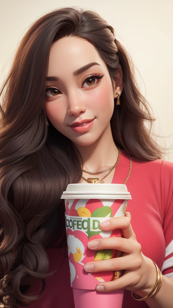 cartoon, vector illustration, no gradient, solid color fill, a beautiful indonesian girl, solo, (1girl:1.9), Long straight Black Hair, Brown Eyes, Almond shaped Eyes, Heart shaped Face, Roman Nose, Olive Skin, detailed skin, no makeup, natural look, imperfect skin, (athletic fit-muscled body:1.2), defined abs, 8k, highly detailed, soft light, (white background:1.2), full big smile, (red business suit with skirt:1.5), (holding a cup of coffee :1.9), full body view