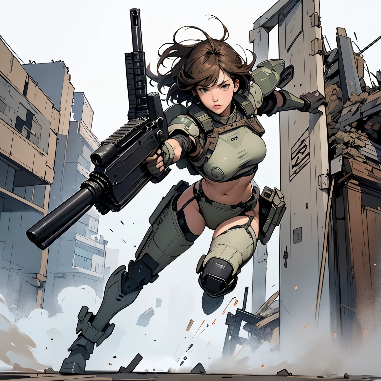 masterpiece, best quality, 1girl, full body, military uniform, military helmet, camouflage, military, camouflage pants, pose, explosion, ruins, shell casing, bullets, serious face, scar on face, (gun arm:1.3), huge weapon, mecha gun, <lyco:mecha_gauntlets_v11:0.7>, oversized mechanical gauntlets