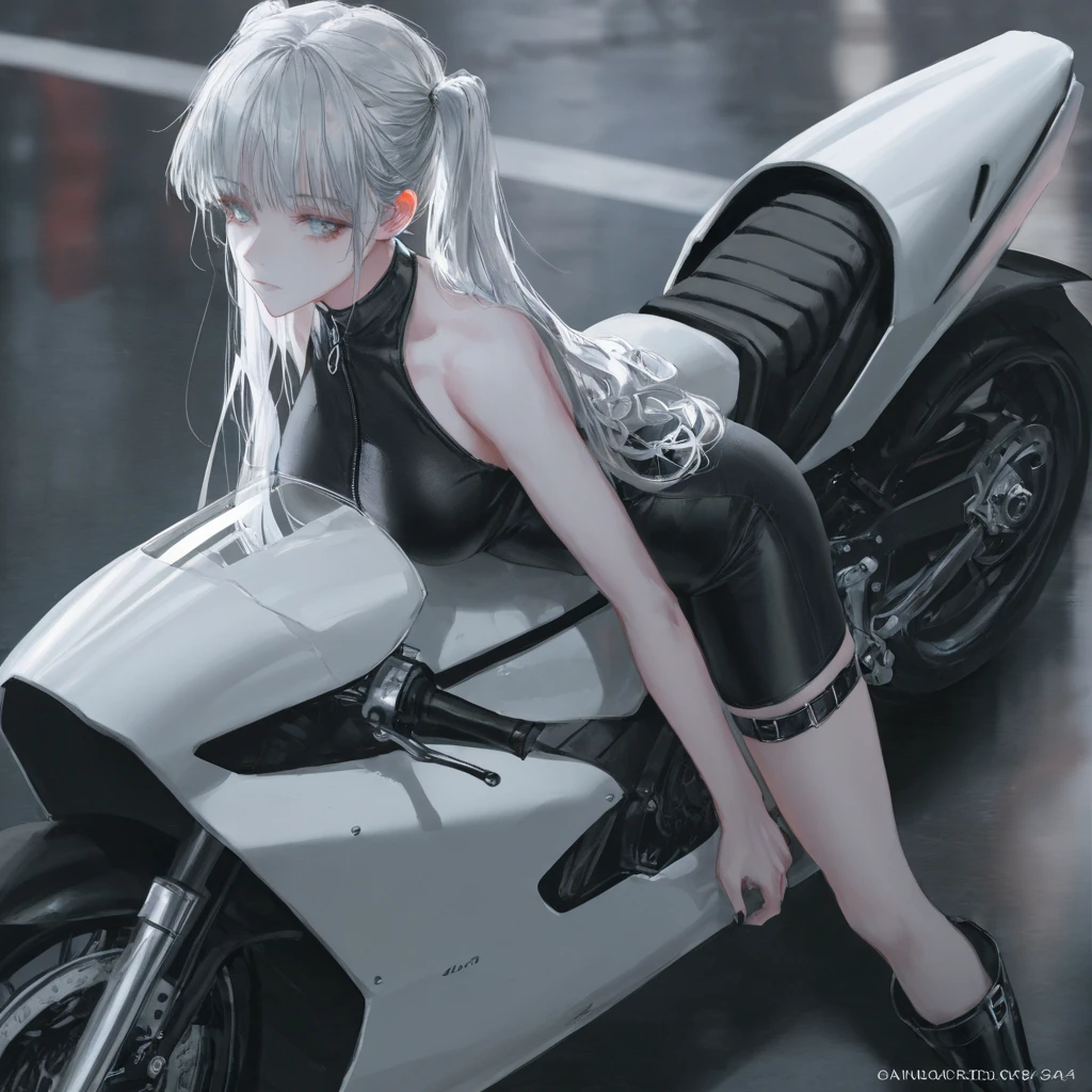 masterpiece, best quality, 1girl, yellow eyes, long hair, white hair, white tank top, exposed panties, home, sunlight, anime, cute ,  standing, near kawasaki motorbike, garage, back view