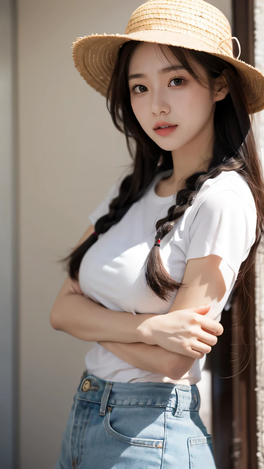 masterpiece, hyper-realistic, high detail, 8k, cinematic, photorealistic, medium breast, Long haired woman in straw hat and white short sleeves, Realism, Gorgeous young Korean woman, Asian girl with long hair, Beautiful young Korean woman, ulzzangs, beautiful Korean women, young cute wan asian face, Korean girl, young lovely Korean faces, Beautiful Asian girl, braid hairstyle