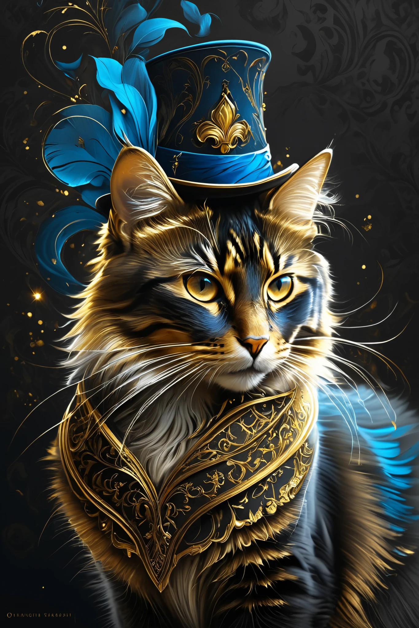  shading with black pencil , Charcoal drawing ,  tinted paper , pencil drawing,  brutal dark b / The color scheme , gold patterns,
The magic mouse ,  in shimmering blue a magic hat with fur , catching light ,  tail,  curling with curiosity ,  surrounded by golden smoky swirls ,  captures the mysterious ,  magical atmosphere,  similar to a painting by Antonio Mora or Giovanni Boldini,  with Casey Beau's attention to detail ,  ultra-realistic,  4k digital painting , HDR,  RTX with dynamic lighting ,  and the matte aesthetic .