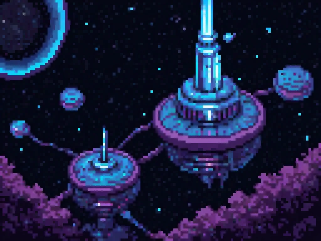 Pixel art, three small planets binded together with the wires and cables and flow of black fluid tar, on the middle planet is big lighthouse structure reminding obelisk, space is dark with distant stars. Particles floating around, static electricity anomalies randomly appearing.