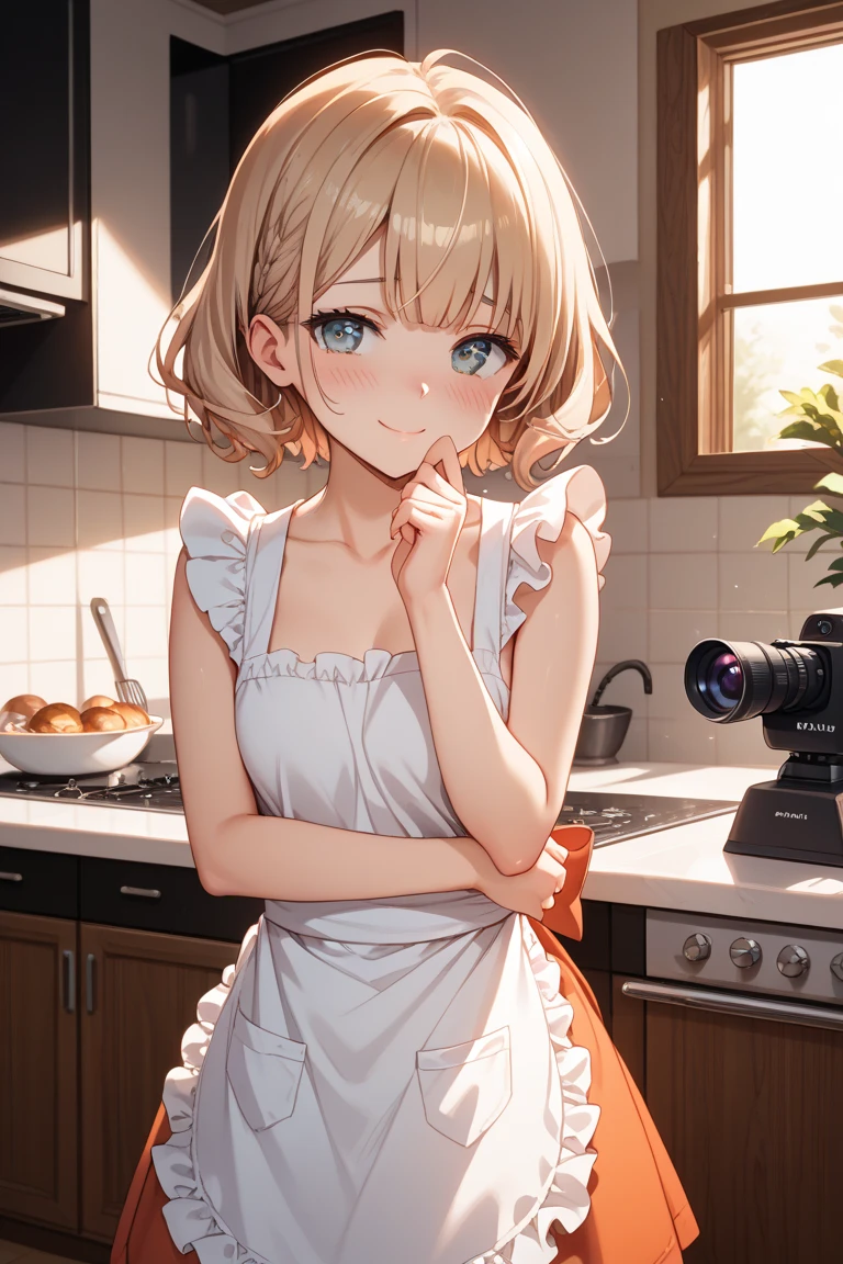 gonzarez, masterpiece, Serenaj, 1girl,l solo,
blue eyes, blonde hair, blue eyes, shirt, eyelashes, medium hair,standing, holding a plate of cookies, cute smile , blue eyes, white full apron, naked,
inside kitchen,