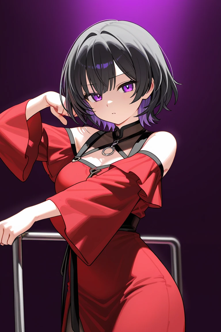 maple, 1girl, solo, looking_at_viewer, smile, short_hair, open_mouth, purple_eyes, black_hair, thighhighs, gloves, bare_shoulders, sitting, black_gloves, elbow_gloves, crossed_legs, throne, from_below, black_dress, head_rest
