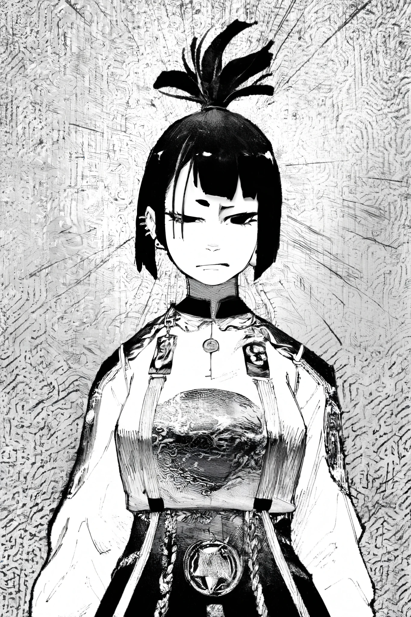 HDR, 8K, high contrast, masterpiece, best quality, amazing quality, very aesthetic, anime artstyle, realistic, hentai art, newest, (artist:incase:0.5), (artist:tsuaii:0.5) ,
BREAK
bounce light, hyperdetailed, detailed hair strands, detailed fibers, monochrome, greyscale, line art, manga, kentaro miura
masterpiece, semi-realism, hyper detailed hatching, engraving artstyle, hatching /texture/, contour lines, monchrome, greyscale, masterpiece.hyperdetailed, absurdres,
1girl, black eyes, defined eyelashes, small eyebrows, ear piercings, bob cut, hair swiped back from one side, facing viewer, serious face, one eyebrow raised, chains, ornaments, tattoos
