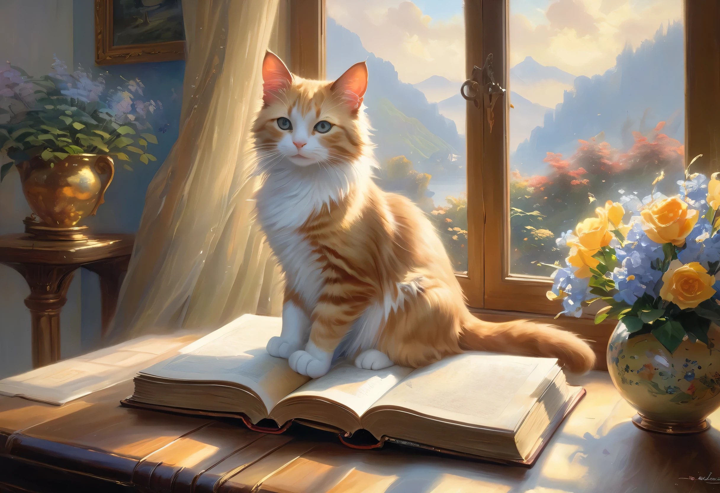 painting of a cat sitting on a book in front of a window, thomas kinkade. cute cozy room, by Li Mei-shu, radiant morning light, a beautiful painting, by Li Kan, by Yang Borun, by Cynthia Sheppard, magical scene, by Ni Yuanlu, by Liao Chi-chun, magical realism painting, majestic painting, cozy atmospheric